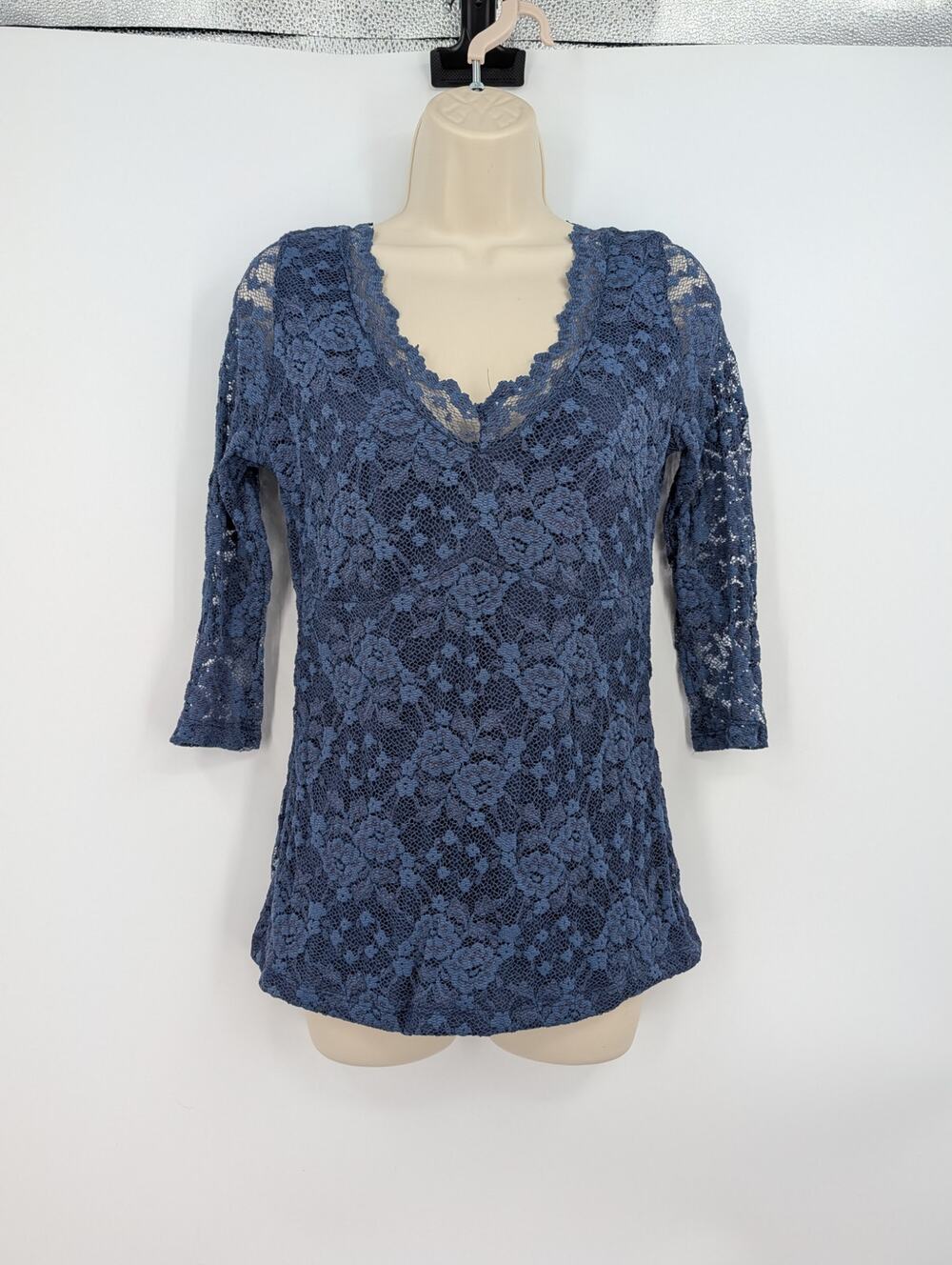 Boston Proper M 3/4 Sleeve Blue Sheer Lace Career Office Work Fairy Whimsigoth